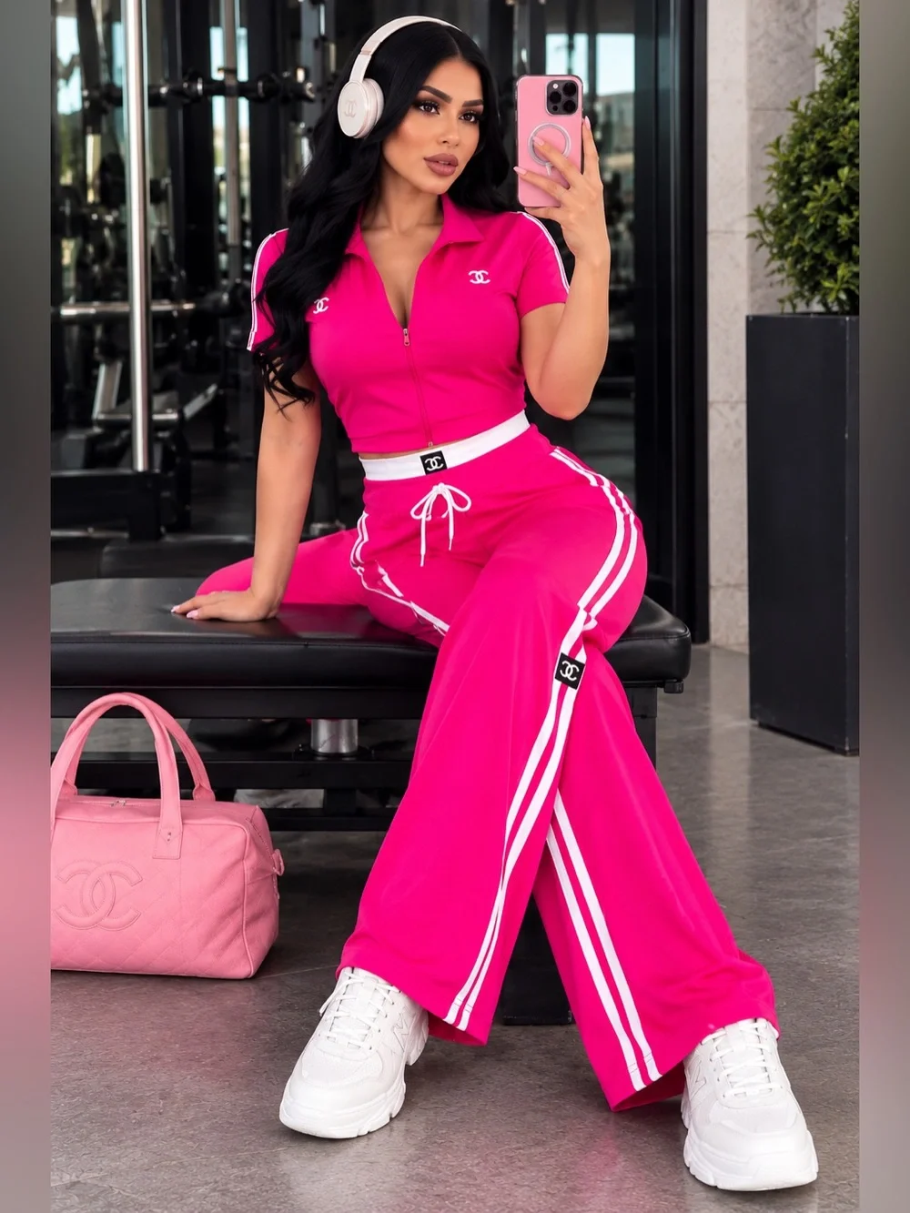Two piece Matching Hot Pink Track Pants & Crop Top Set size S